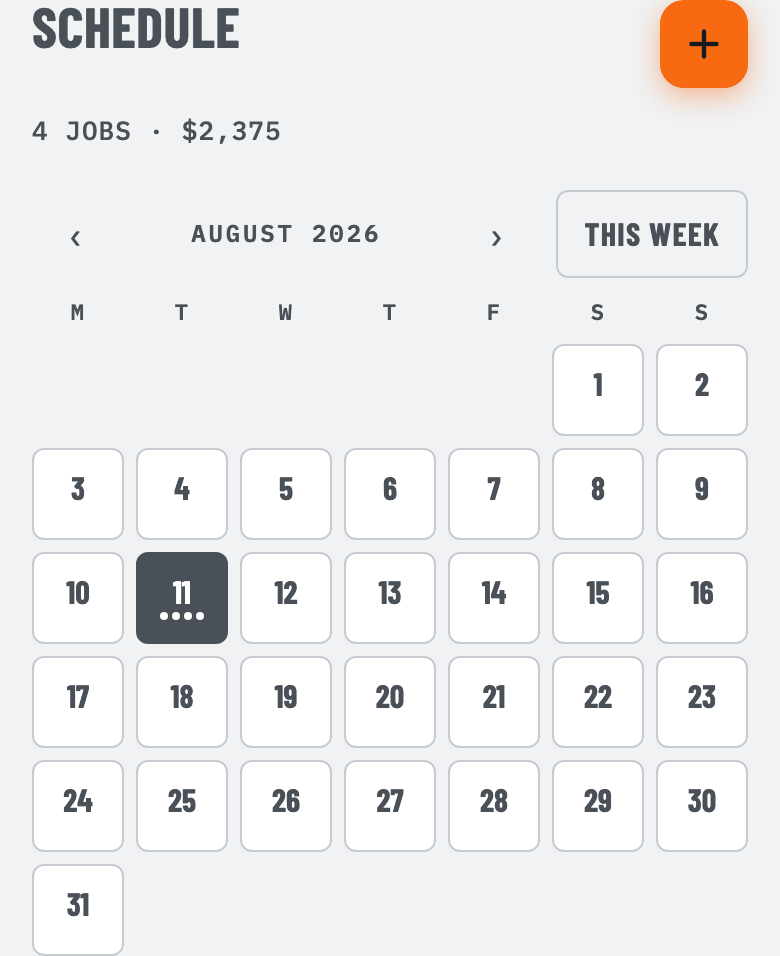 QuoteIron's full-month schedule view, with a dot marking every day that has work on it.