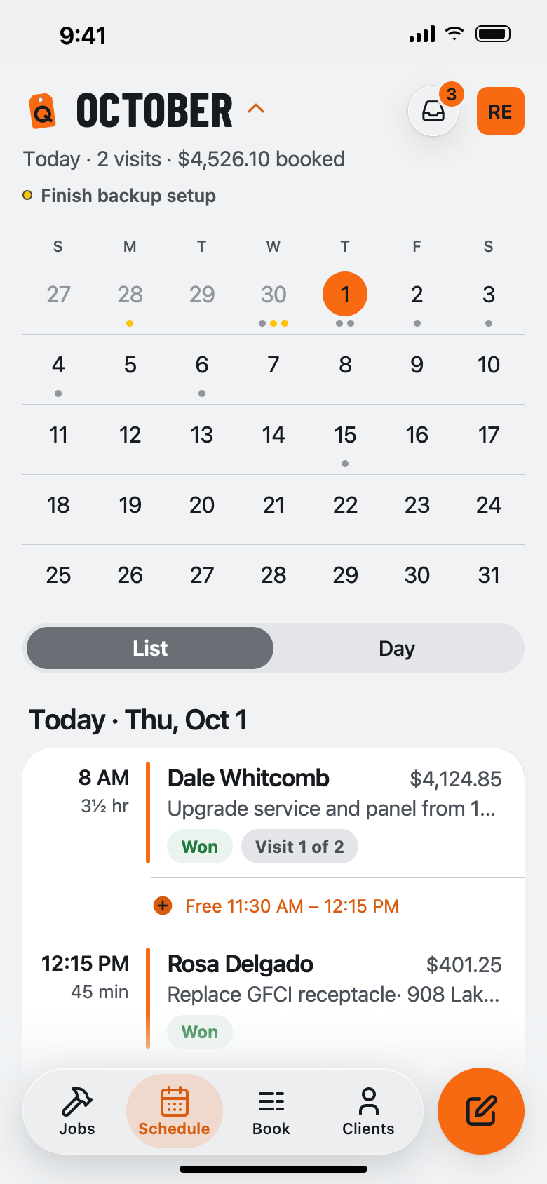 QuoteIron's Schedule tab opened to the full month: a grid of October with a dot marking every day that has work on it, and today's two visits listed underneath.